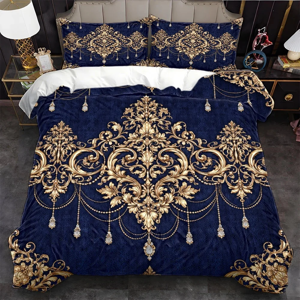 2D Duvet Cover Set European Palace Style Dark Blue Gold Pattern Quilt Set Ultra Soft Brushed Bedding 3 Piece Set for Bedroom Hotel