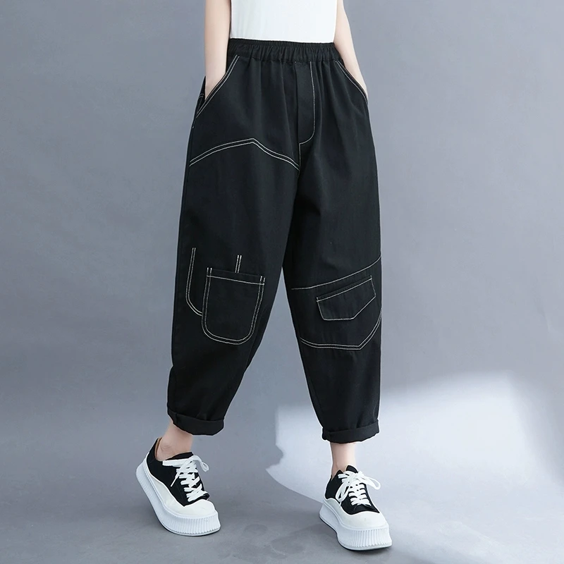 

Summer Women Korean Vintage Streetwear Baggy Casual Pants Y2K Female High Waist Solid Loose Pockets Harem Trousers Pantalones