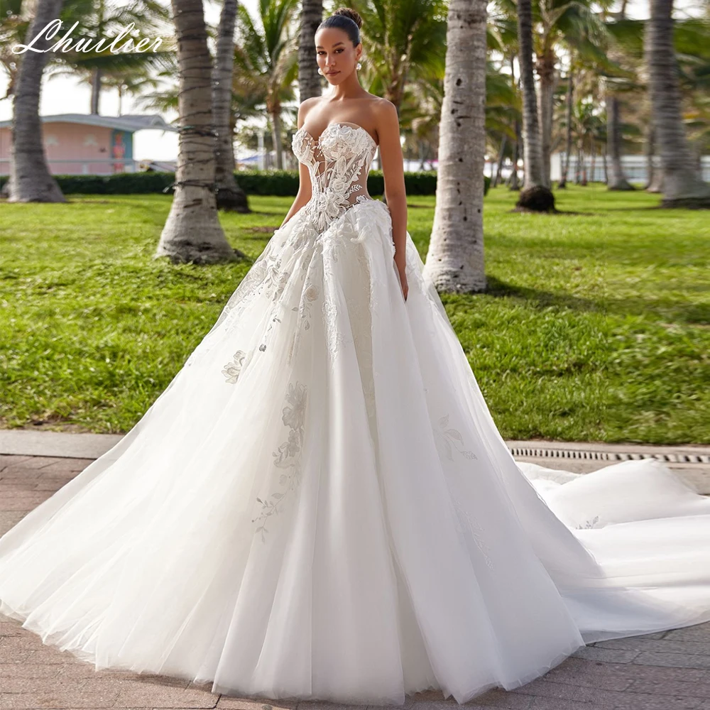 

Lhuilier Customized A Line Strapless Wedding Dresses Floor Length Illusion Beaded Lace Bridal Gowns with Chapel Train