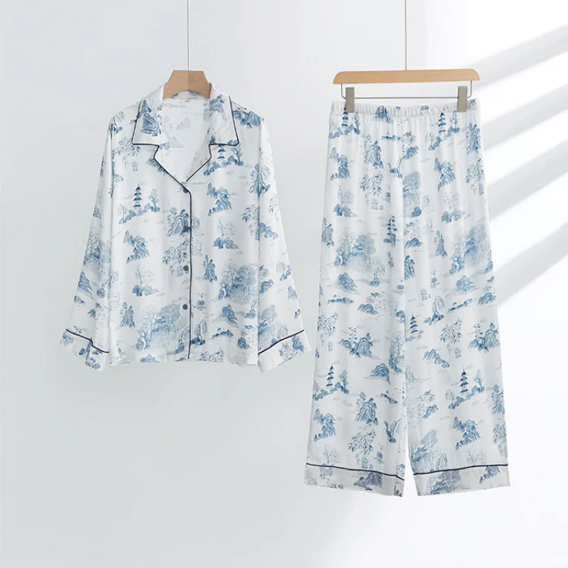 

2023 China Style Landscape Painting Satin Printed Pajamas for Women, Long Sleeve Trousers Comfortable Homewear Clothes Sleepwear