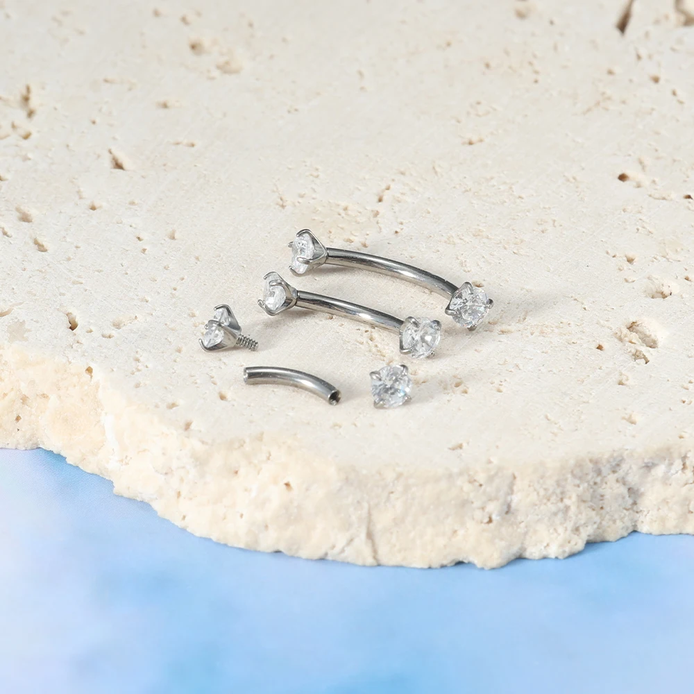 50pcs/lot Titanium Curved Eyebrow Barbell 1.2mm Gauge Double Round CZ Eyebrow Ring 6/8/10mm Tragus Lip Piercing Stud