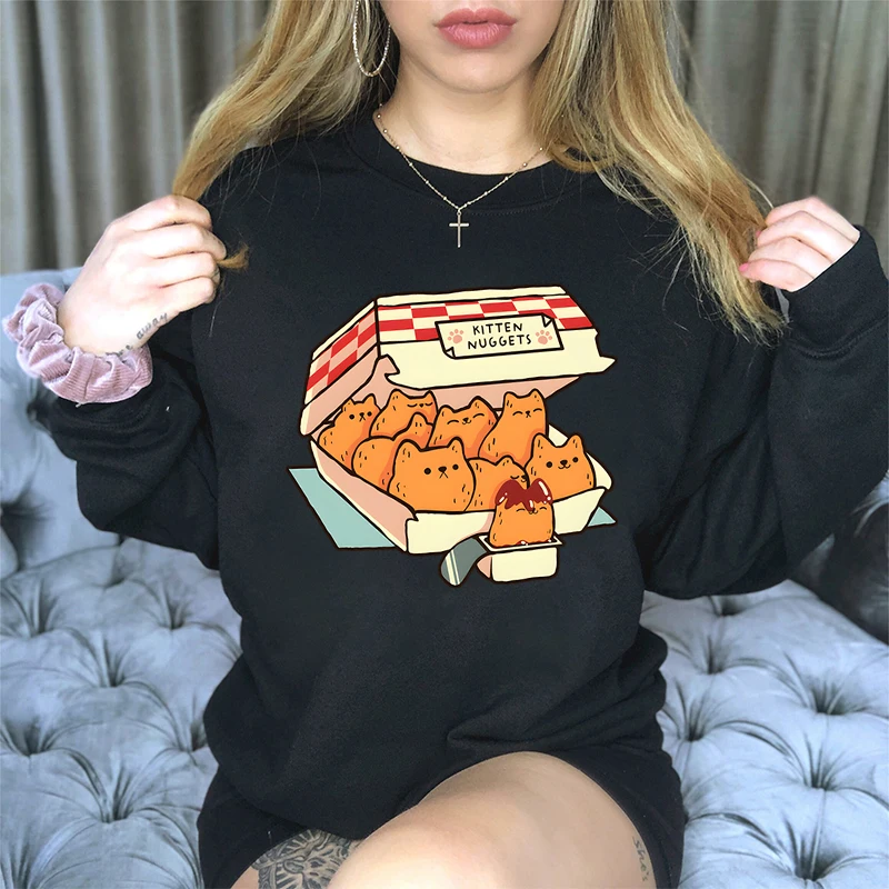 Gatito Nuggets comida rápida gato gráfico sudaderas mujeres gatito Nuggets suéter de dibujos animados lindo gato amante regalo moda Casual Sudadera con capucha