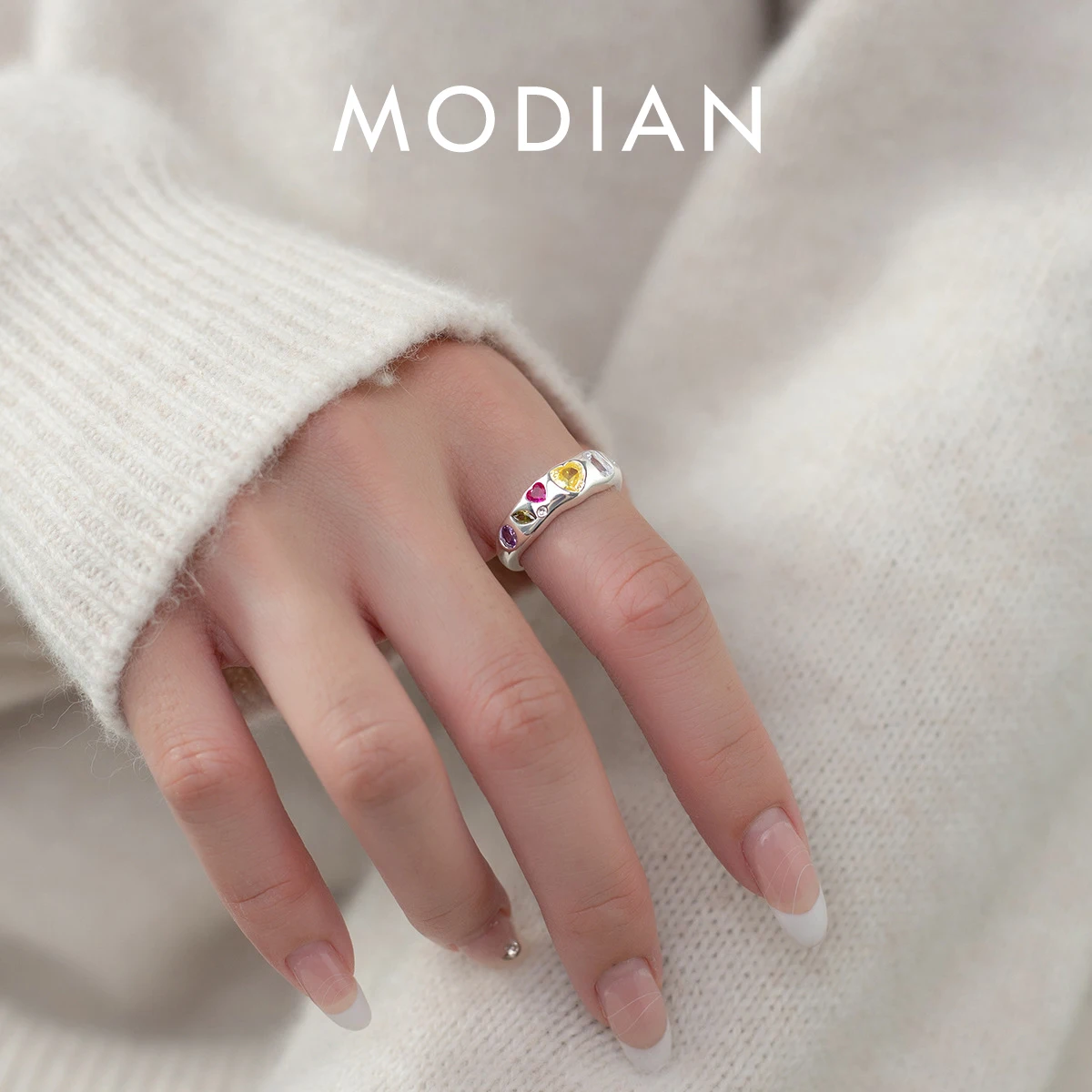 

MODIAN 925 Sterling Silver Cute Candy Color Hearts Open Size Ring Irregular Broken Silver Block Rings For Women Fine Jewelry