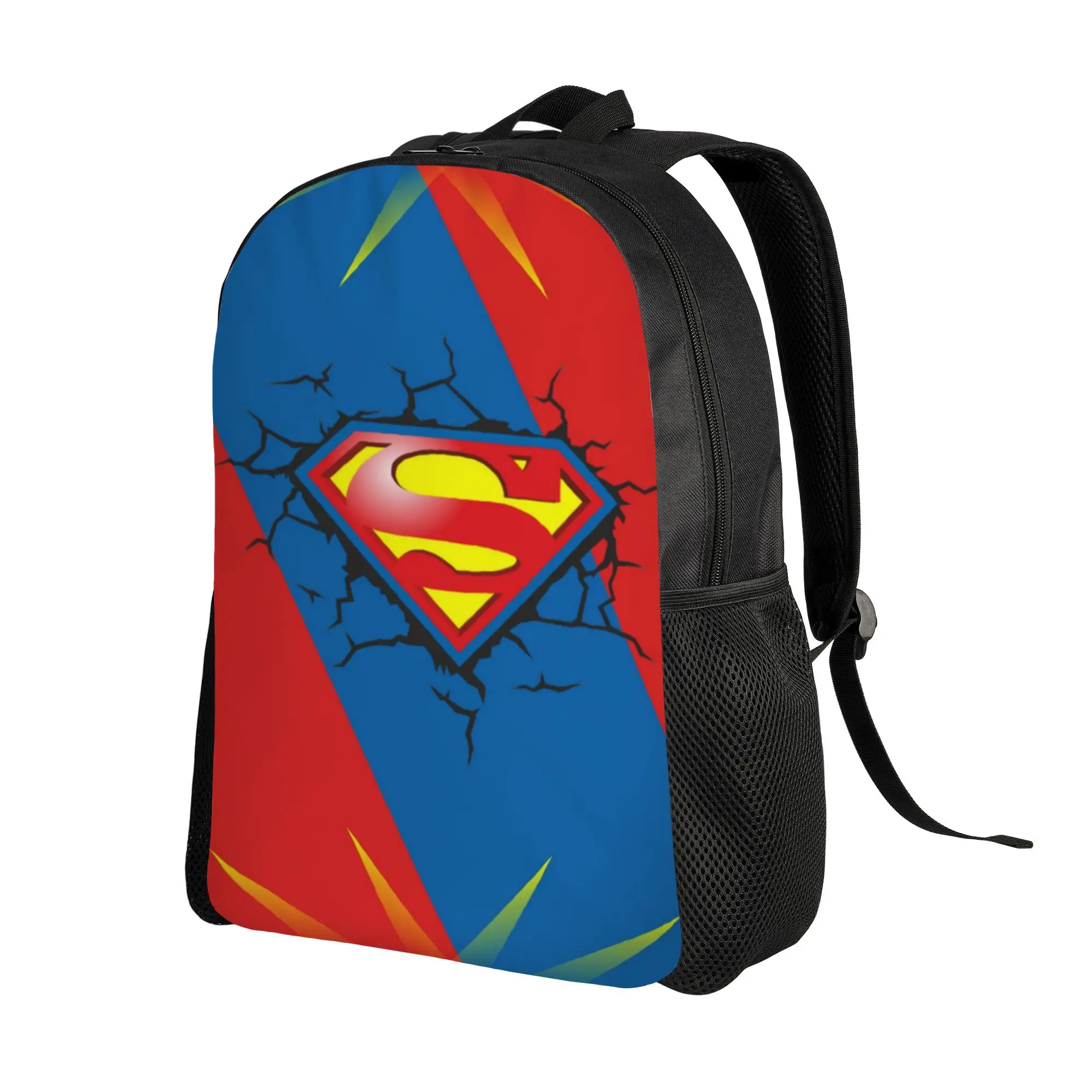 Back to school season Casual Cracked Surface Color Block Superman Emblem Handbag  High School Students Backpack