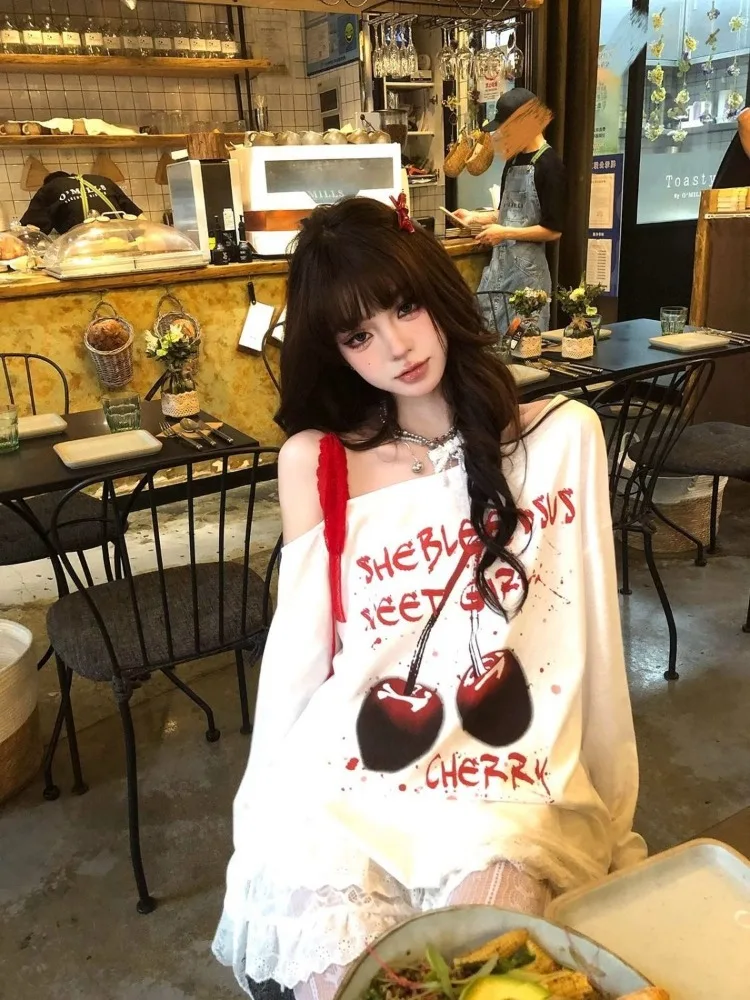 Sweet Off Shoulder White T-shirt Women Cherry Letter Printed Spliced Lace Long Sleeve Tops Japanese Harajuku Loose Tees