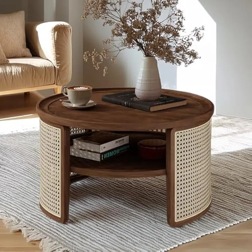 31.3'' 2-Tiered Round Walnut Wood Coffee Table, with Storage Rattan Base for Living Room Small Space Apartment