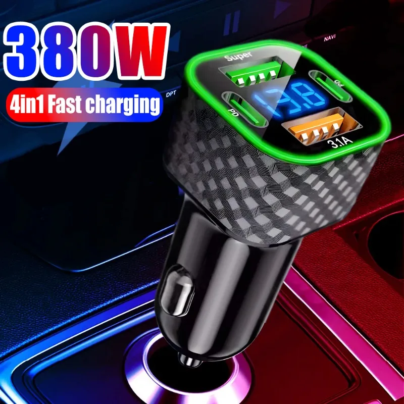 380W Car Mobile Phone Charger Dual PD Dual Type-C 4-in-1 Digital Display Auto Charger DC 12V/24V Super Fast Charge Adapter