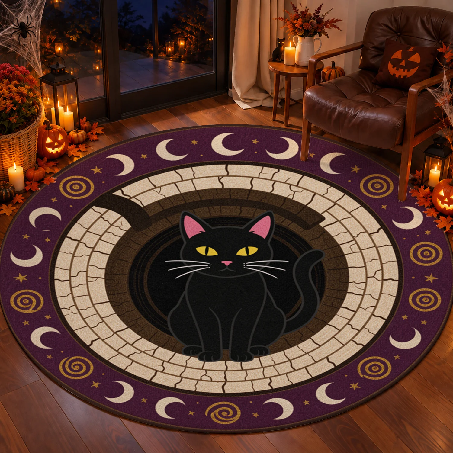 Black Cat Moon Phase Design Round Velvet Rug Machine Washable for Living Room Bedroom Entryway Dining Area Halloween Thanksgiving Christmas New Year
