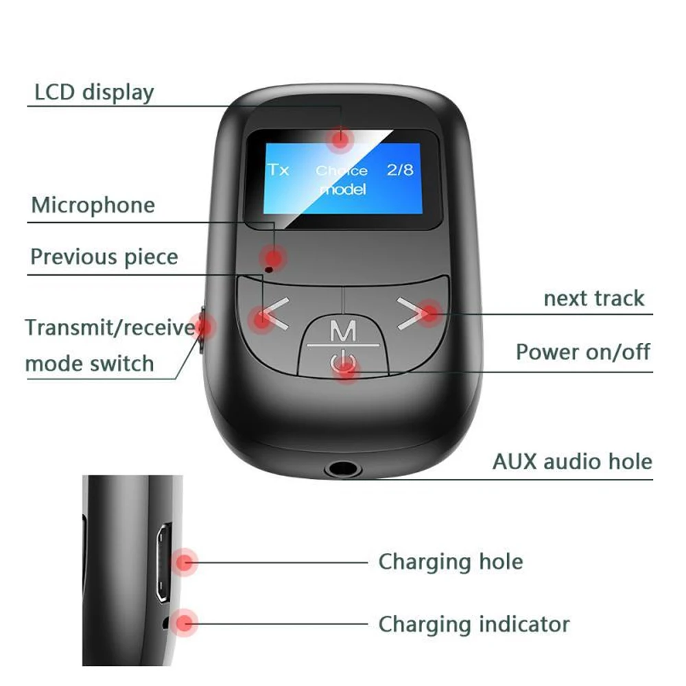 Adaptateur Bluetooth à écran LCD, récepteur, émetteur, batterie, adaptateur d'alimentation 5.0, casque, haut-parleur, TV, audio stéréo, 3.5mm, 1 pièce