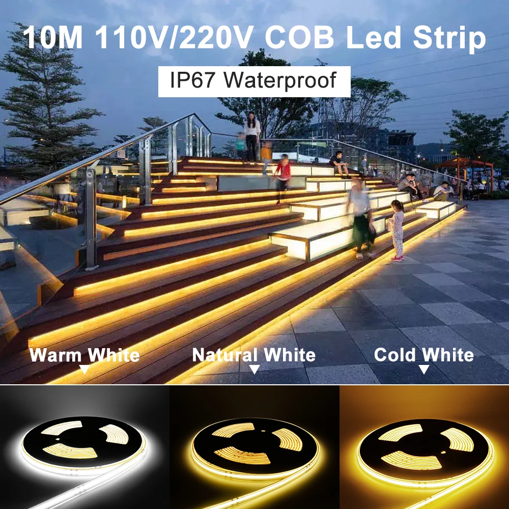 

110V 220V COB LED Strip Light IP67 Waterproof High Bright Tape Light Dimmable Flexible LED Strip 5m 10m 20m for Outdoor Lighting