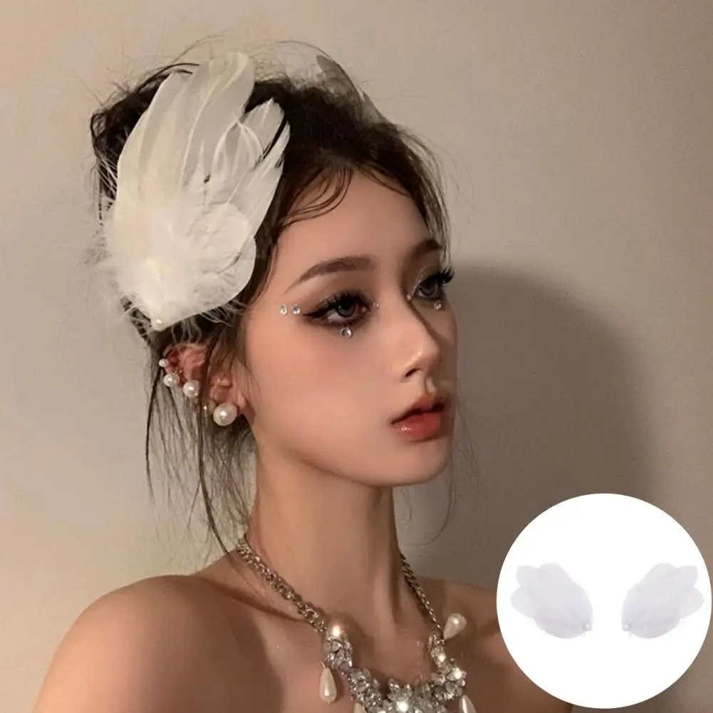 1 Pair Bridal Wedding Hairpins Feather Faux Pearl Anti-slip Party Cocktail Banquet Head Decoration Headdress Feather Side Clips