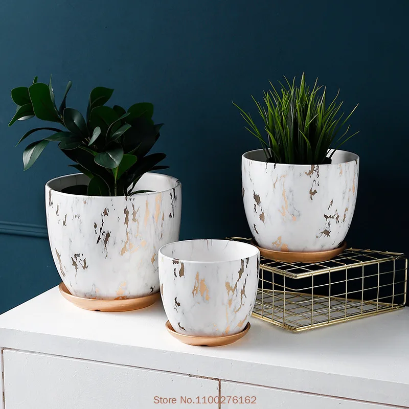 

1pc Ceramic Flower Pot Marble Pattern Literary Flower Pot Modern Nordic Style