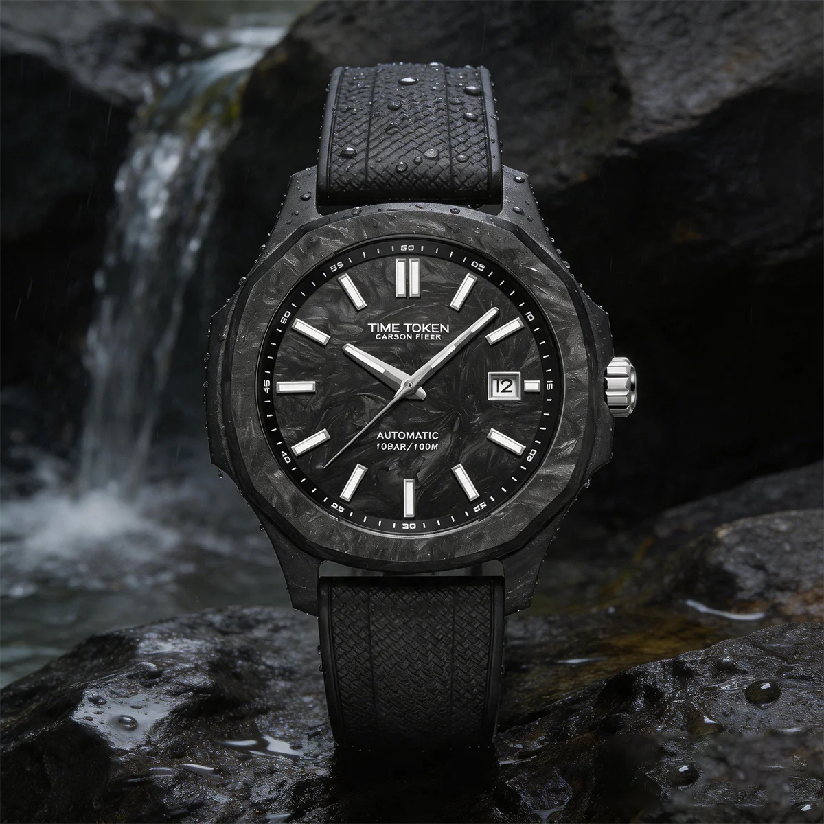 TIME TOKEN Forged Carbon Fiber Automatic Mechanical Watch for Men 100M Waterproof Luminous Sport Luxury Mens Wristwatch T586