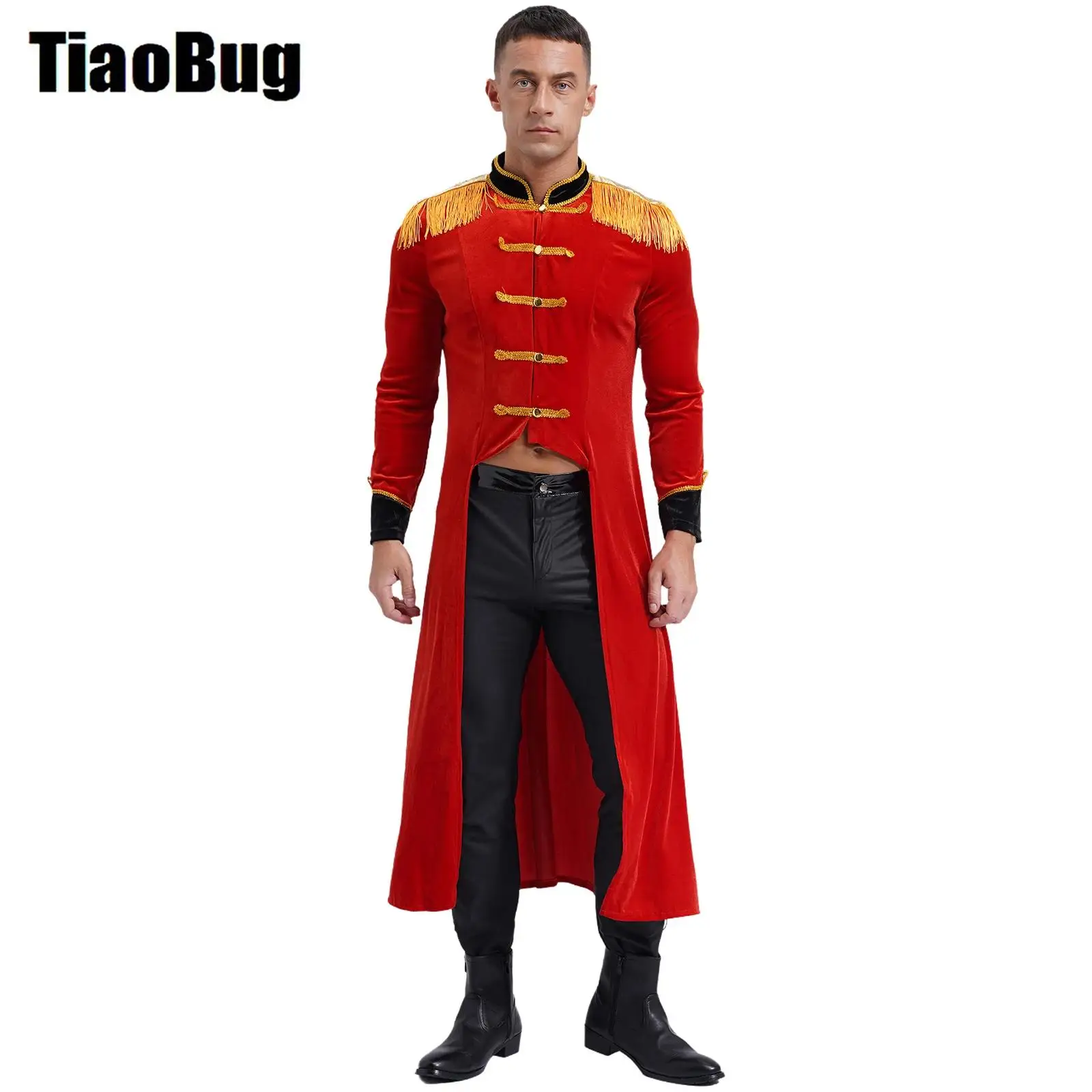 

Mens Velvet Tailcoat Circus Gothic Jacket Halloween Roleplay Costumes Fringe Shoulder Boards Renaissance Ringmaster