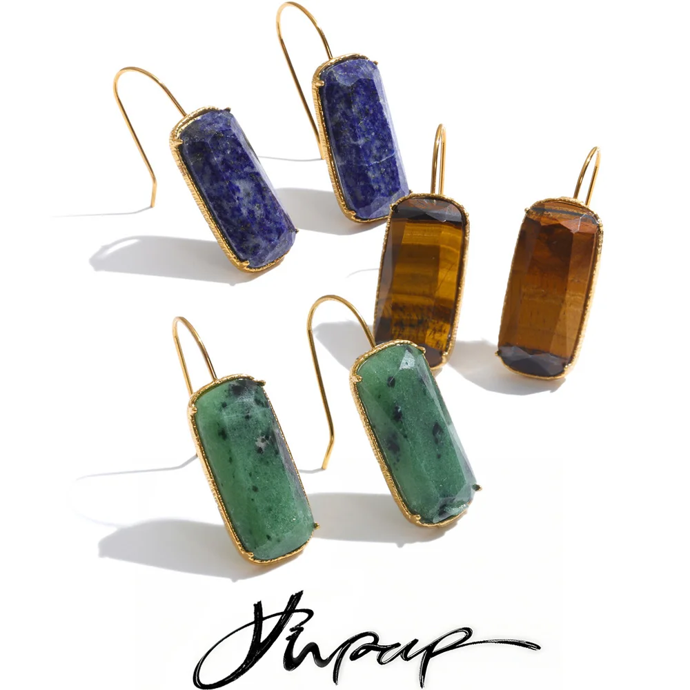 Yhpup Edelstahl Rechteckige Ohrringe Hochwertiger Lapislazuli Tigerauge Exquisiter Attraktiver Damenschmuck