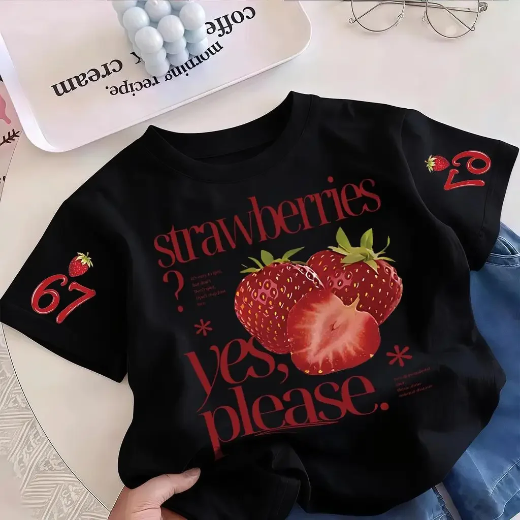Girls Summer Strawberry Bow Graphic Tee Strawberry Letter And Fruit Pattern Short Sleeve Casual T-Shirt