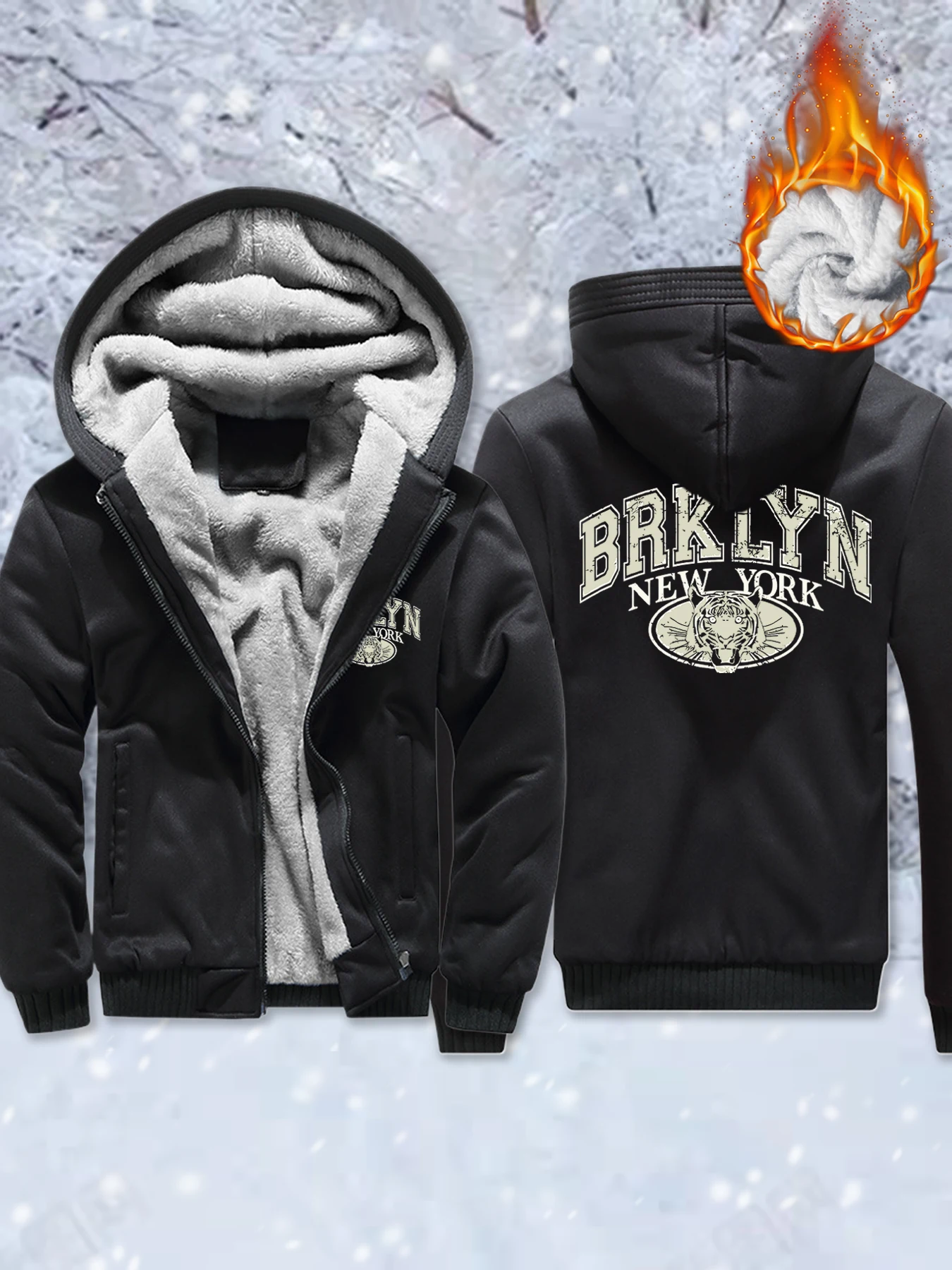 

Brklyn New York Letter With Tiger Print Mens Fleece Soft Jackets Winter Thicken Veste Warm Comfy Streetwear Pocket Zip-Up Hoody