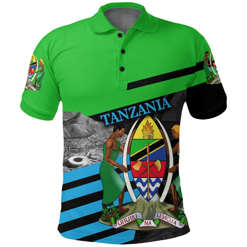 Tanzania Map Flag 3D Print Polo Shirt The United Republic-of Tanzania Coat Of Arms Graphic Mens Polo T Shirt Vintage Clothing