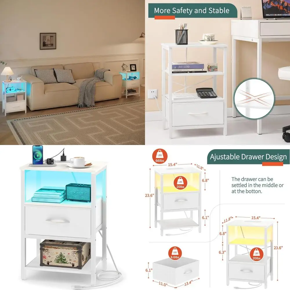 

Прикроватная тумбочка со светодиодной подсветкой и тканевым ящиком, 3-уровневый приставной столик для хранения вещей для спален и гостиных