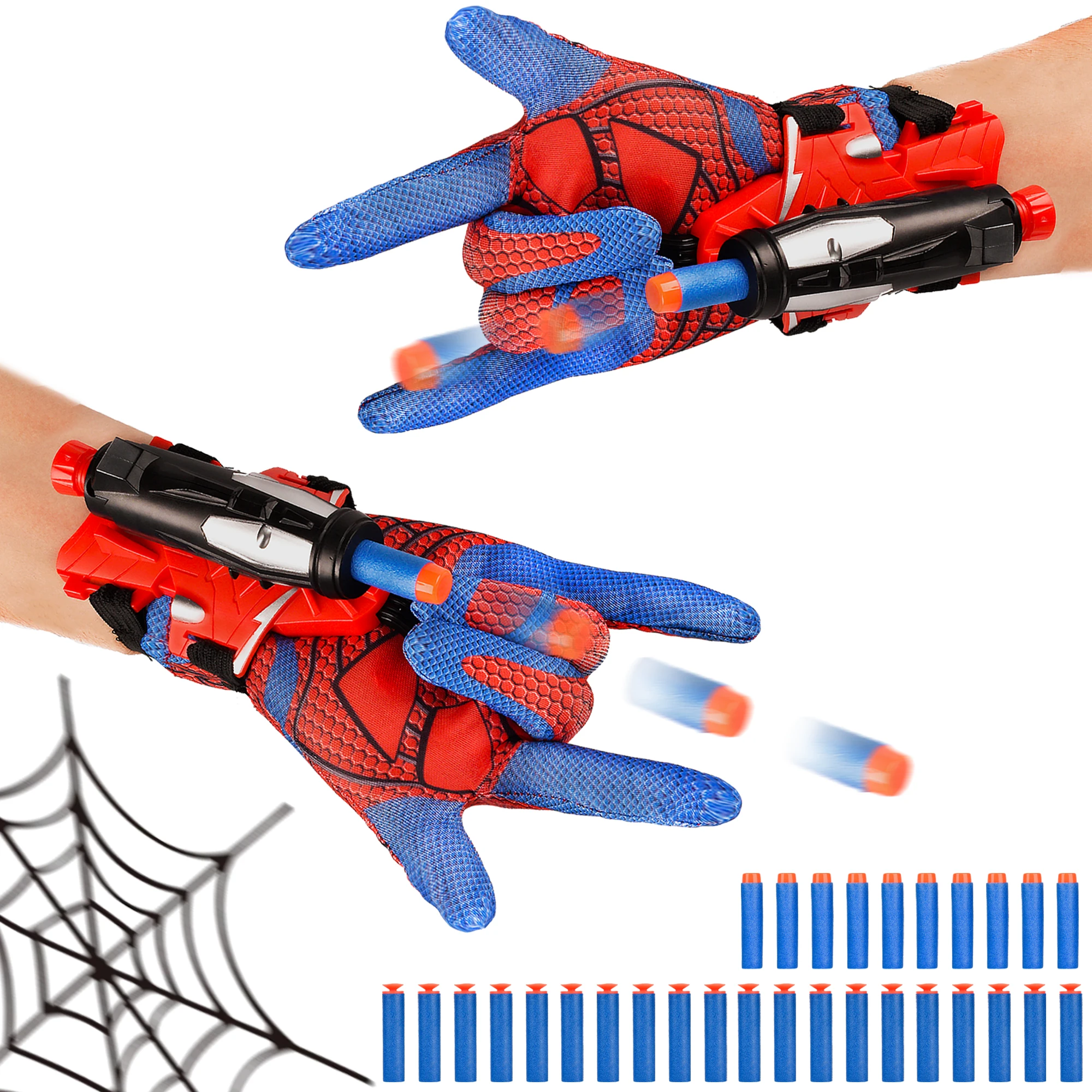 Set Mainan Pelontar Peluru Lembut Jaring Laba-Laba dengan 2 Pelontar, 30 Peluru Lembut & 2 Sarung Tangan untuk Aksi Menembak Bermain Peran Ideal untuk Anak-Anak