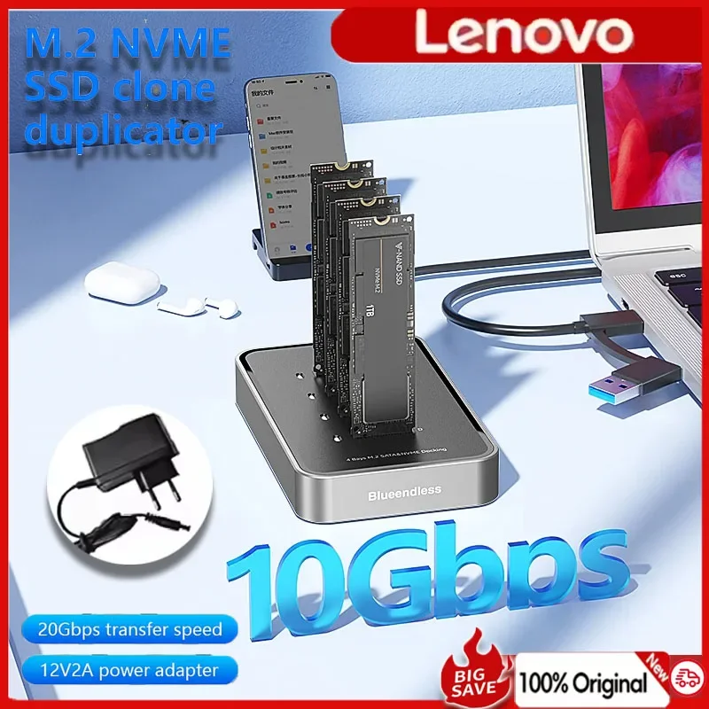 

Lenovo Dual-Bay M.2 NVME SSD Clone M.2 NVme SSD reader 20Gbps USB3.2 Type C OFFline Clone Duplicator NVme PCIE Enclosure