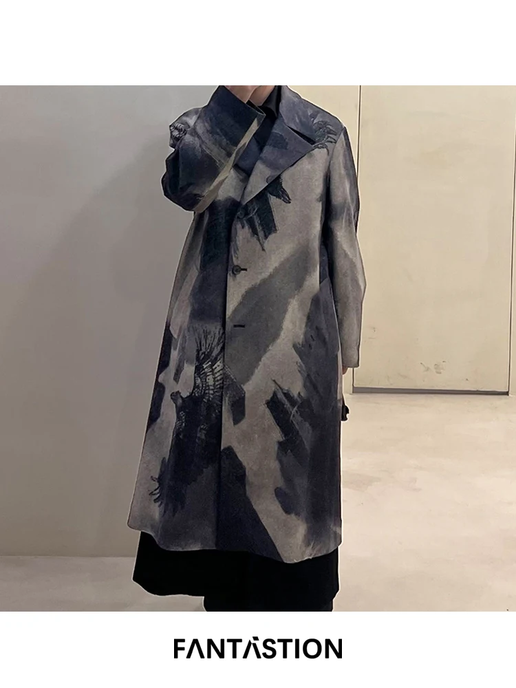 

FANTASTION Original design Ink-splashed crow pattern x-Long woolen jacket Autumn and winter Casual jackets Woolen overcoat tops