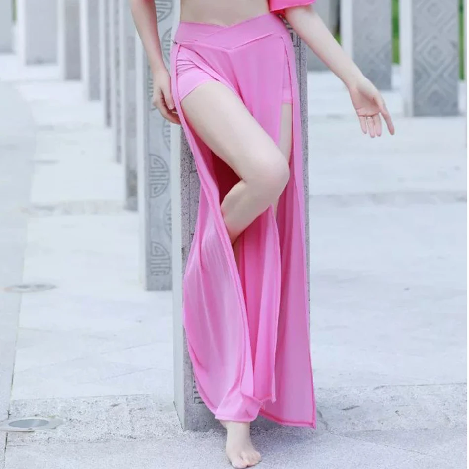 Dança do ventre sexy saias longas fenda dupla lantejoulas duplo altura fendas para as mulheres verão dança outfit terno desempenho acessórios