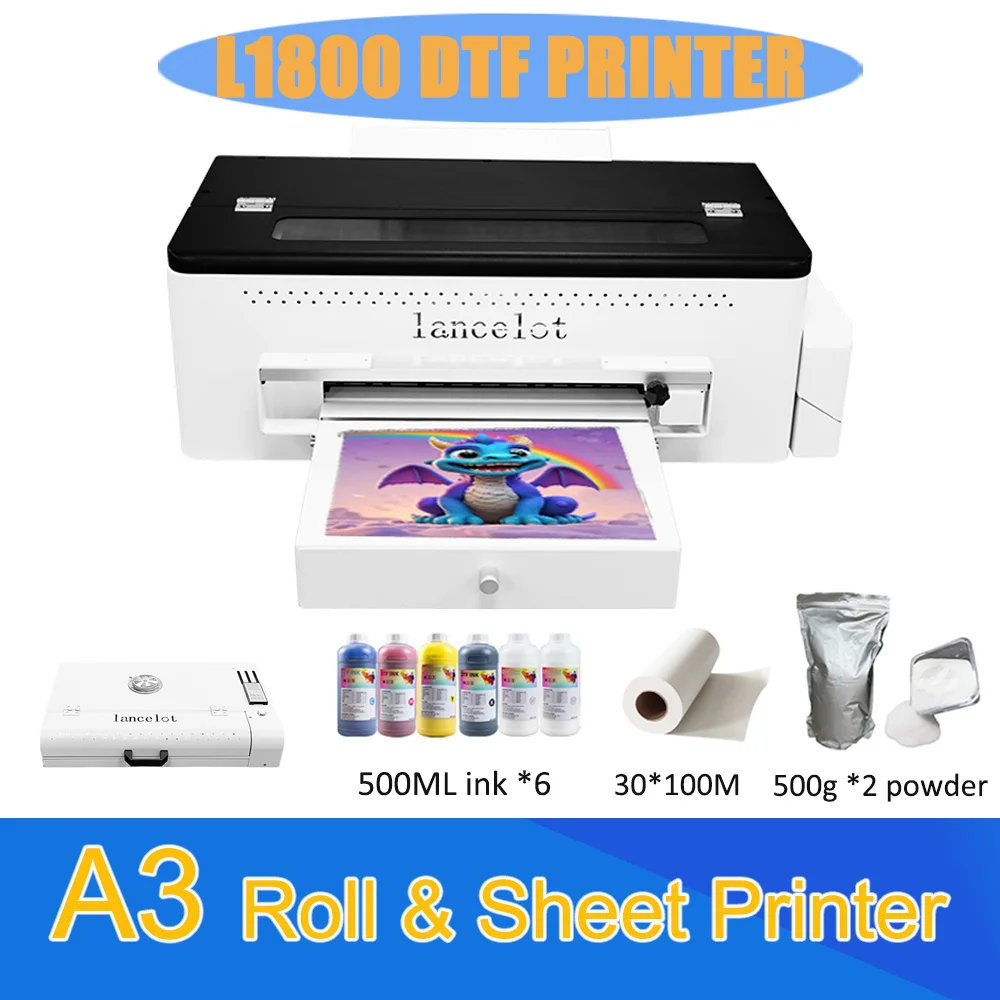 

Lancelot A3 digital DTF Printer Printhead L1800 With Oven for 30cm Clothes Inkjetd with PET Film Pigment Ink