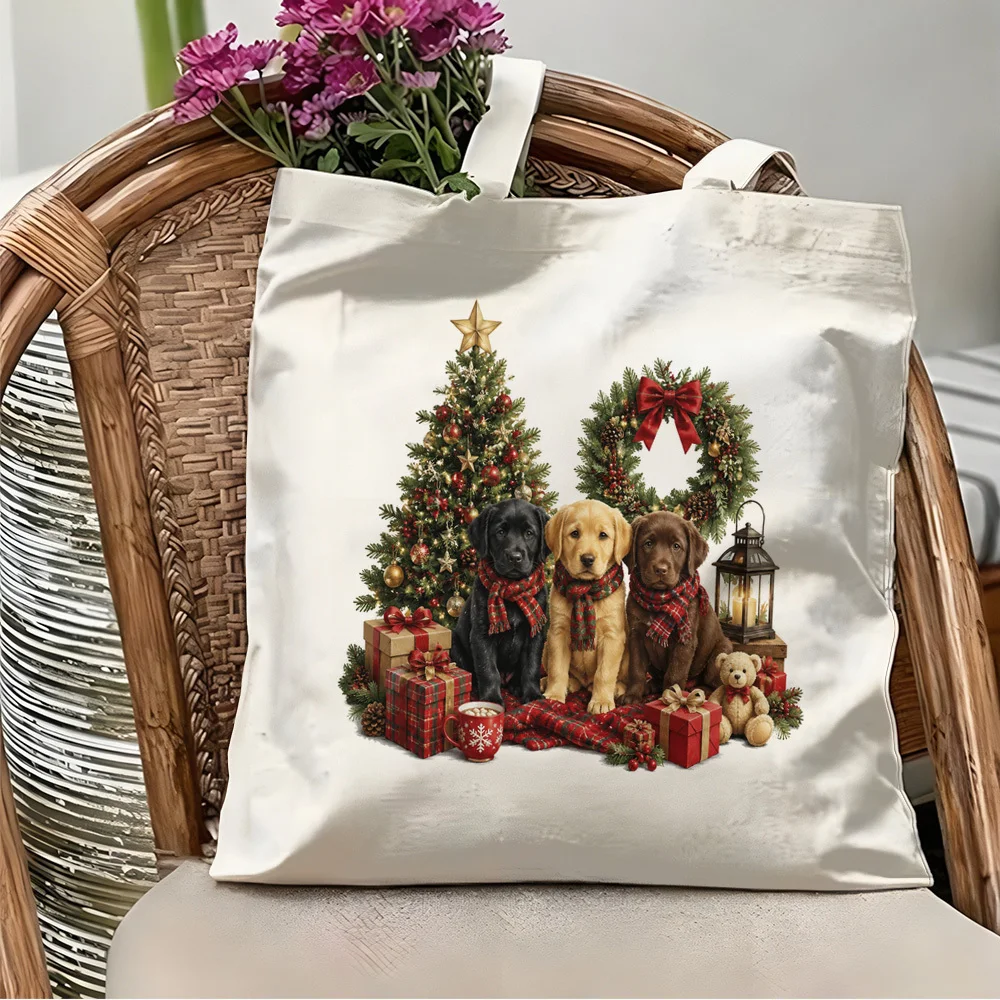 Xmas Tree Retriever Puppies Pattern Canvas Tote Bag Winter Holiday Gift Shopping Shopper Premium Outdoor Pouch