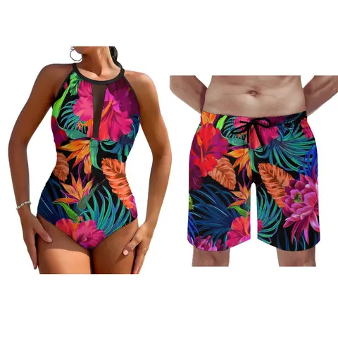 Maillot de bain une pièce personnalisé pour hommes et femmes, bikini de plage, short de surf, vacances hawaïennes, couple, haut licou sexy