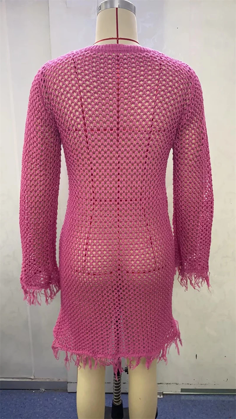 Verão transparente borla manga longa mini vestido de malha crochê biquíni cobrir túnica banho sexy beachwear