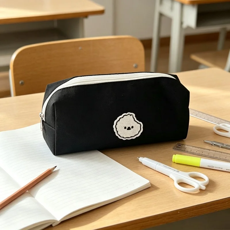 1Pc Simple‑Style Canvas Black Pencil Case, Smooth Zipper Stationery Pen Storage Bag, Great for Eid Al‑Adha Mubarak Gift
