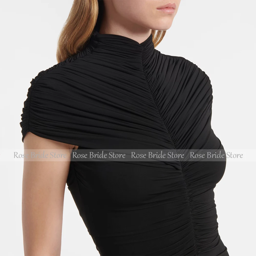 Maxi Evening Dress Black Spandex Tulle High Collar Cap Sleeves Mermaid Evening Gowns Ankle Length Pleated Women's Party Dresses image 3