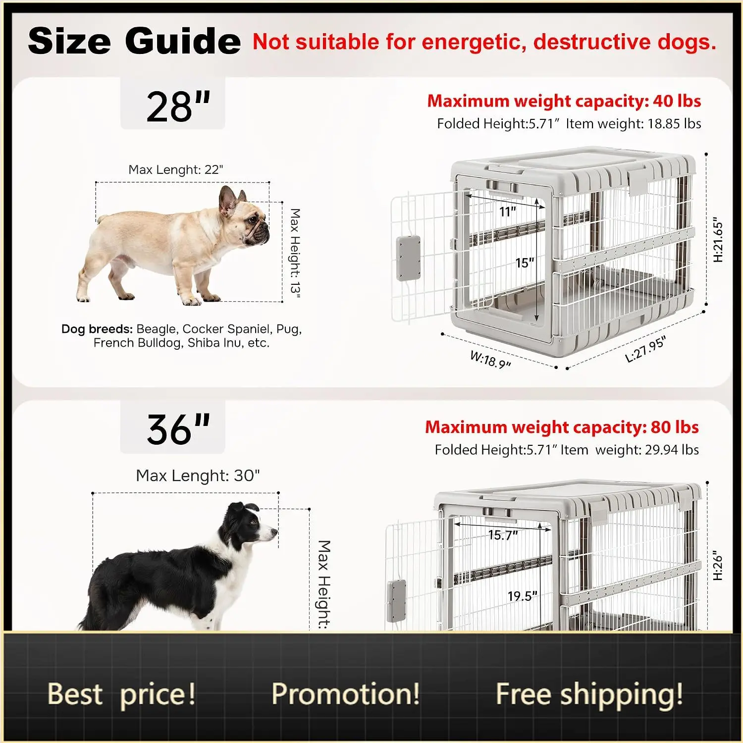 Collapsible Dog Crate for Large Dogs - 36