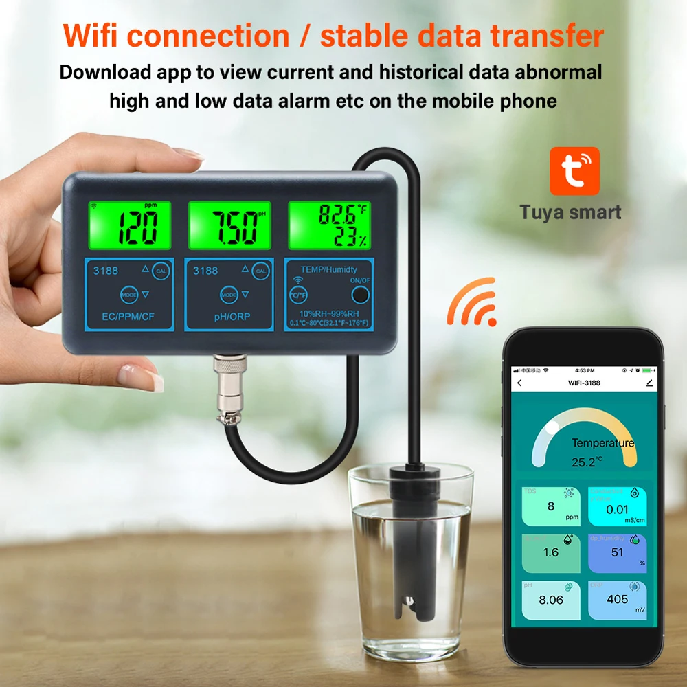 Tuya WiFi 7in1 Water Quality Tester Water Analyzer PH/ORP/EC/PPM/CF/Humidity/Temperature Monitor Water Quality Detector PH Meter