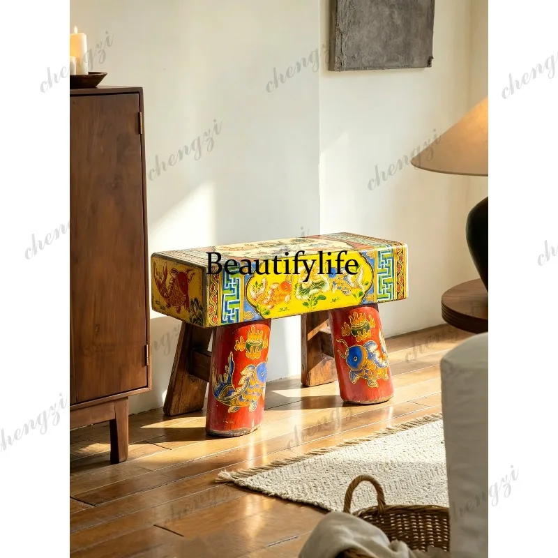 New Chinese classical pine furniture hand-painted painting solid wood shoe changing stool bedside stool