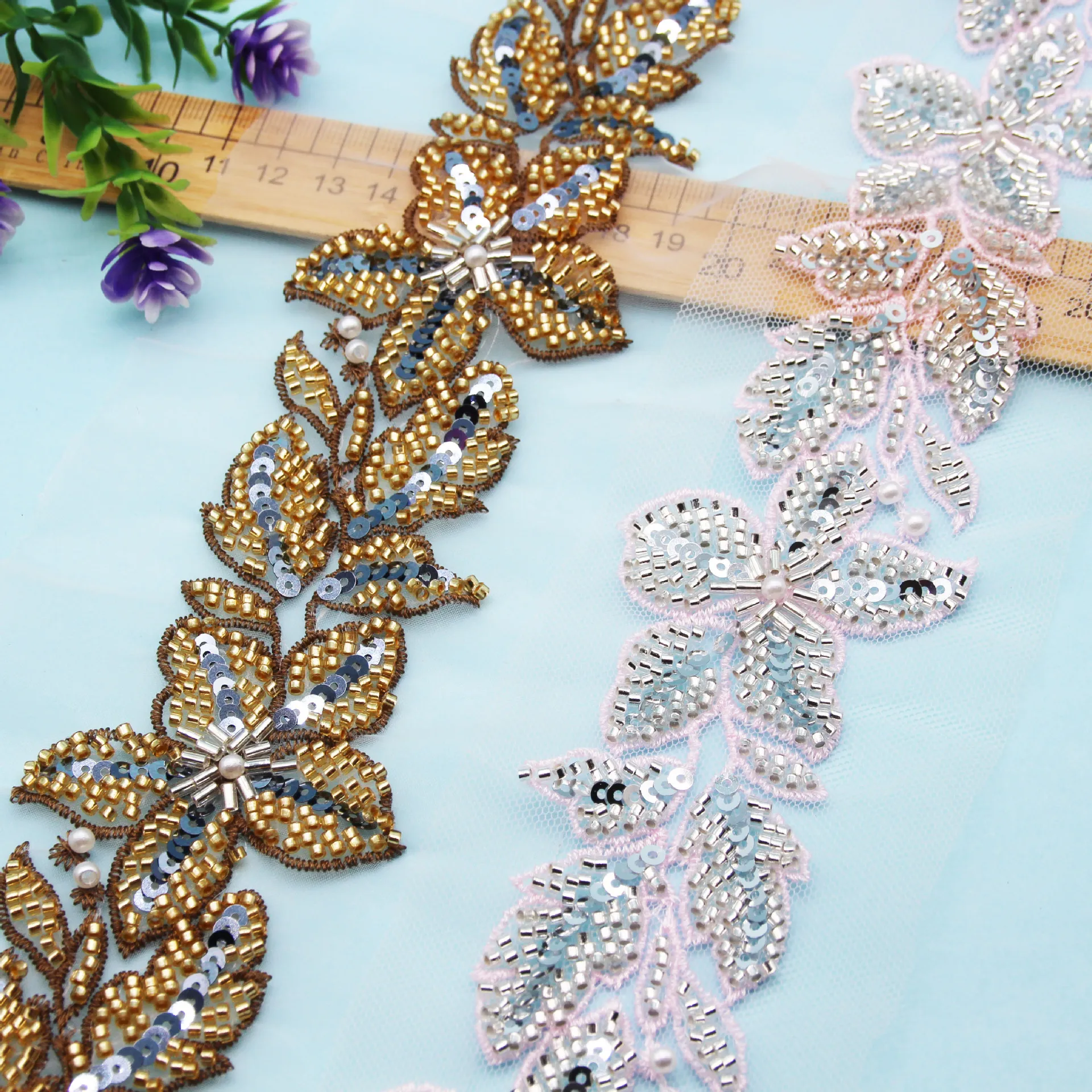 1/2 Yard Bead Lace Trim for DIY Pearl Gold And Pink Sequin Lace Ribbon for Shoes and Hats Decoration Apparel Accessories