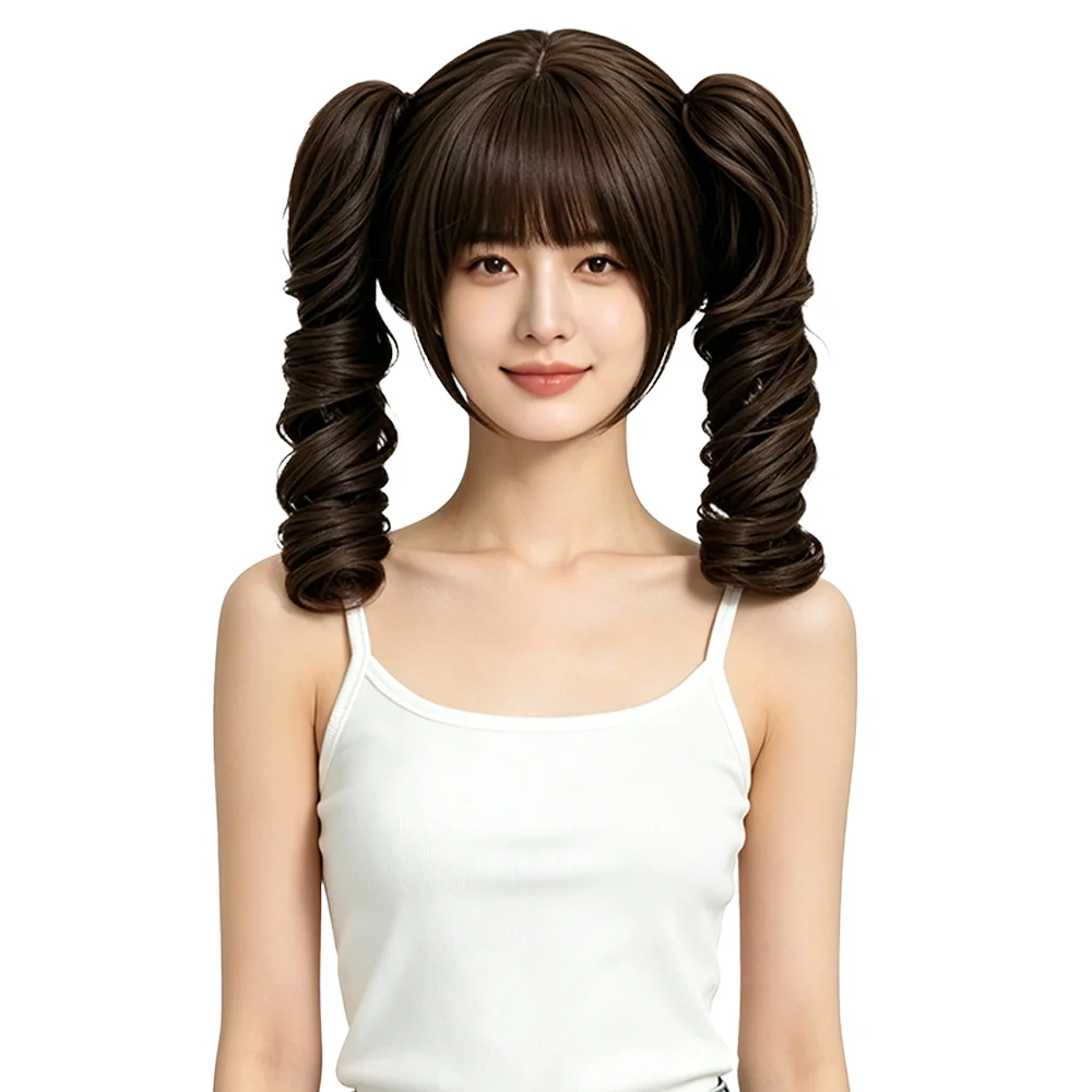 

Black Tea Brown Protein Silk Detachable Pigtails Wig with Bangs Roman Curls Lolita Princess Curls Wig For Daily Cosplay Use