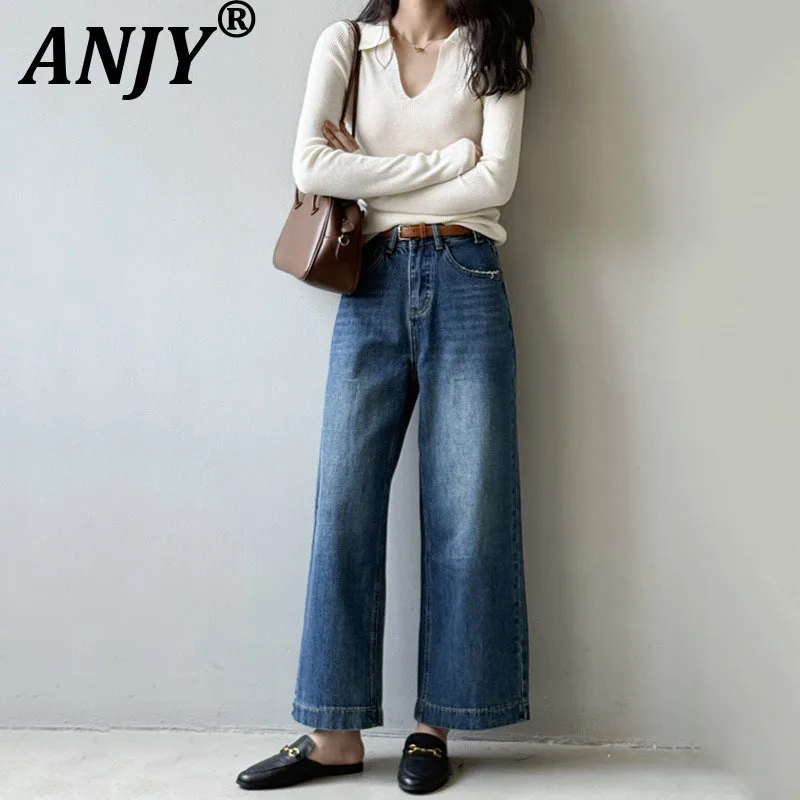 

ANJY Autumn New Women Fashion Vintage High Waist Chic Straight Jeans Trendy Belt Slimming Temperament Cropped Denim Pants A13666