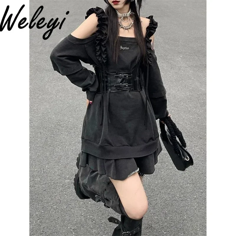 Harajuku Y2K Punk Loose Hoodies Dress Two Pieces Suit Women Socks Grey T-shirts Vestidos Long Sleeve College Girls Dresses Sets