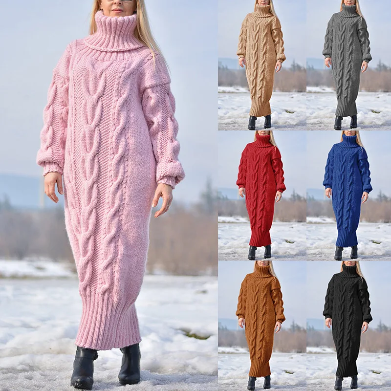 Women's Sweater Dresses New Solid Color Turtleneck Pullover Cable Loose Knitted Sweater Temperament Commuter Long Skirt Sweater