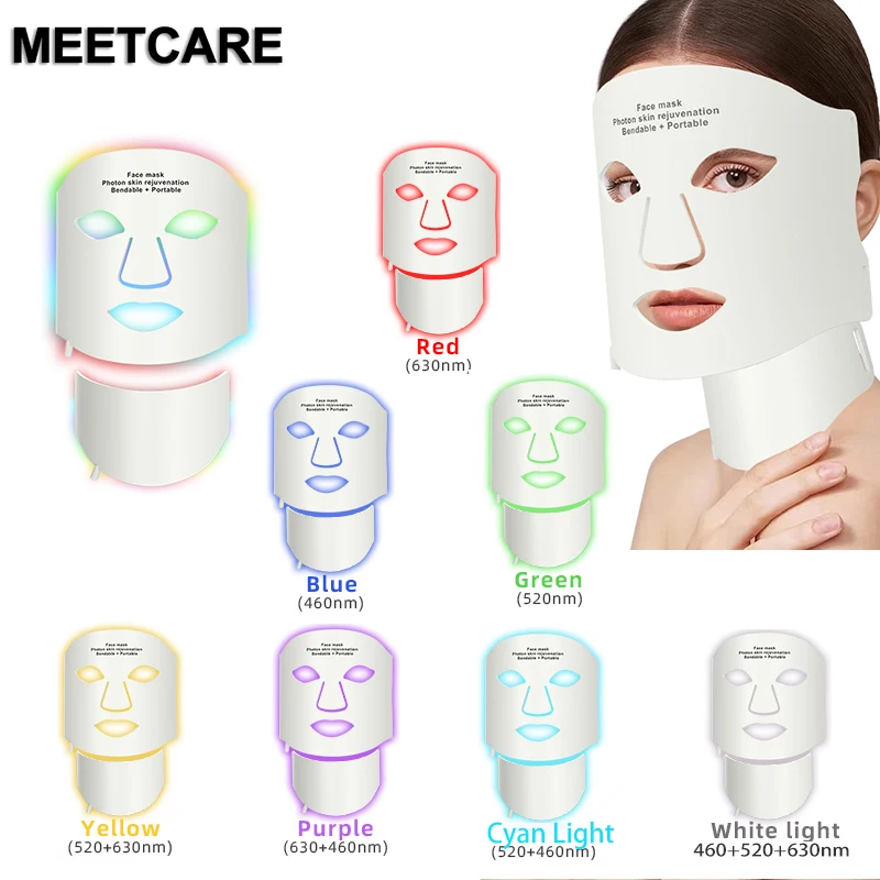 7 Colors LED Photon Face Mask Neck Set Good Grade Silicone Facial Mask Anti Acne Brighten Skin Repair Oil Control