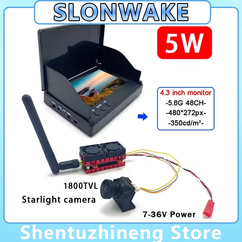 

SLONWAKE Long Range Over 30KM 5.8Ghz 48CH 5000mW 5W adjustable Transmitter with 1800TVL Camera and 4.3 inch FPV Monitor