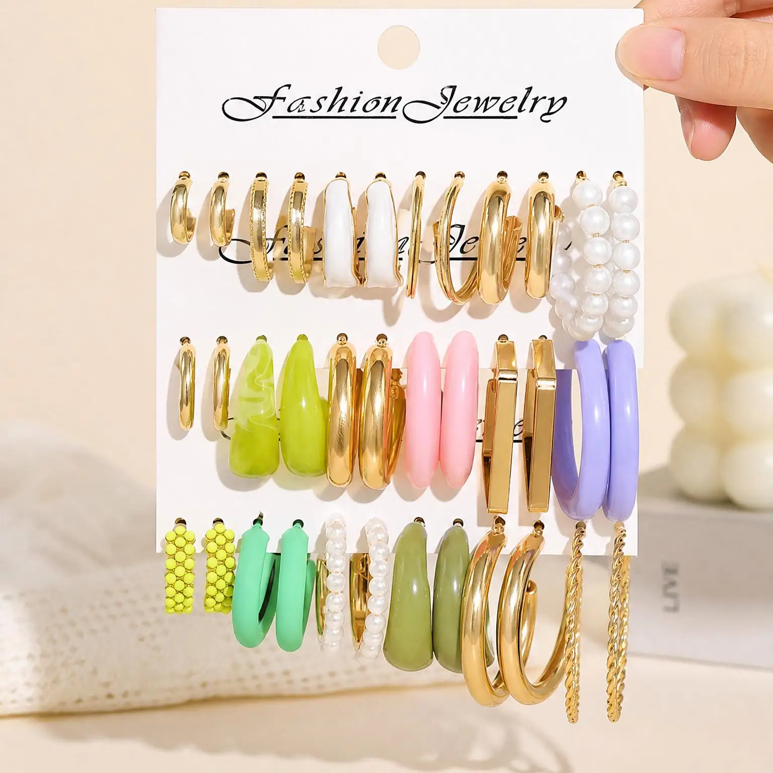 Colorful Acrylic Earring Set Macaron Pink Green Purple Transparent C Hoops Multi Layer Thin Metal Hoops Versatile Earrings