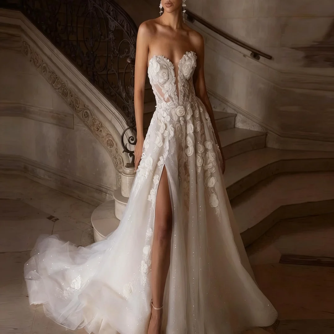 Abiti da sposa personalizzati con applicazioni in pizzo con paillettes a-line con spacco affascinante Abiti da cerimonia per la sposa formale