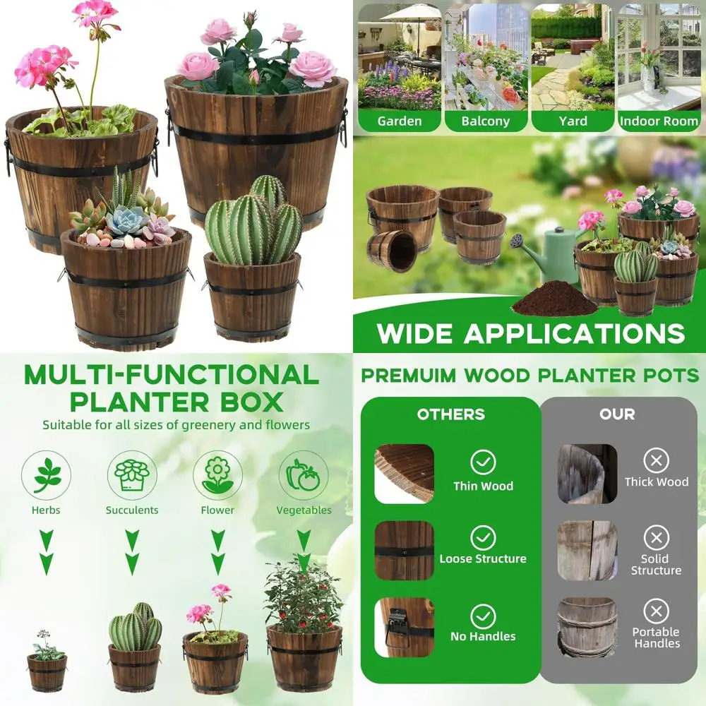 

Wooden Barrel Planters with Metal Handles - 4 Sizes for Indoor/Outdoor Plants & Christmas Trees