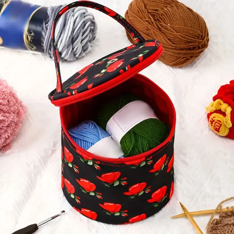 Round Wool Yarn Handheld Storage Bag Portable Knitting Bag with Its Own Thread Hole Tube Bag Crochet Hook Tool Storage Bag