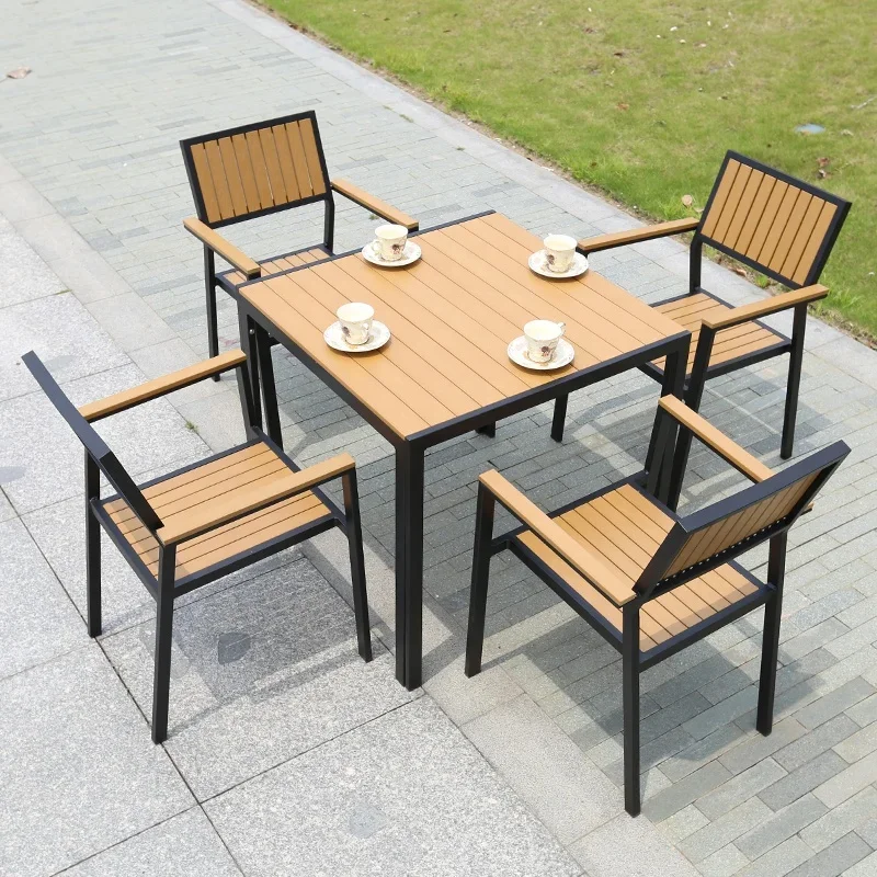 All weather coffee dining table set 4 chairs wooden outdoor patio garden furniture