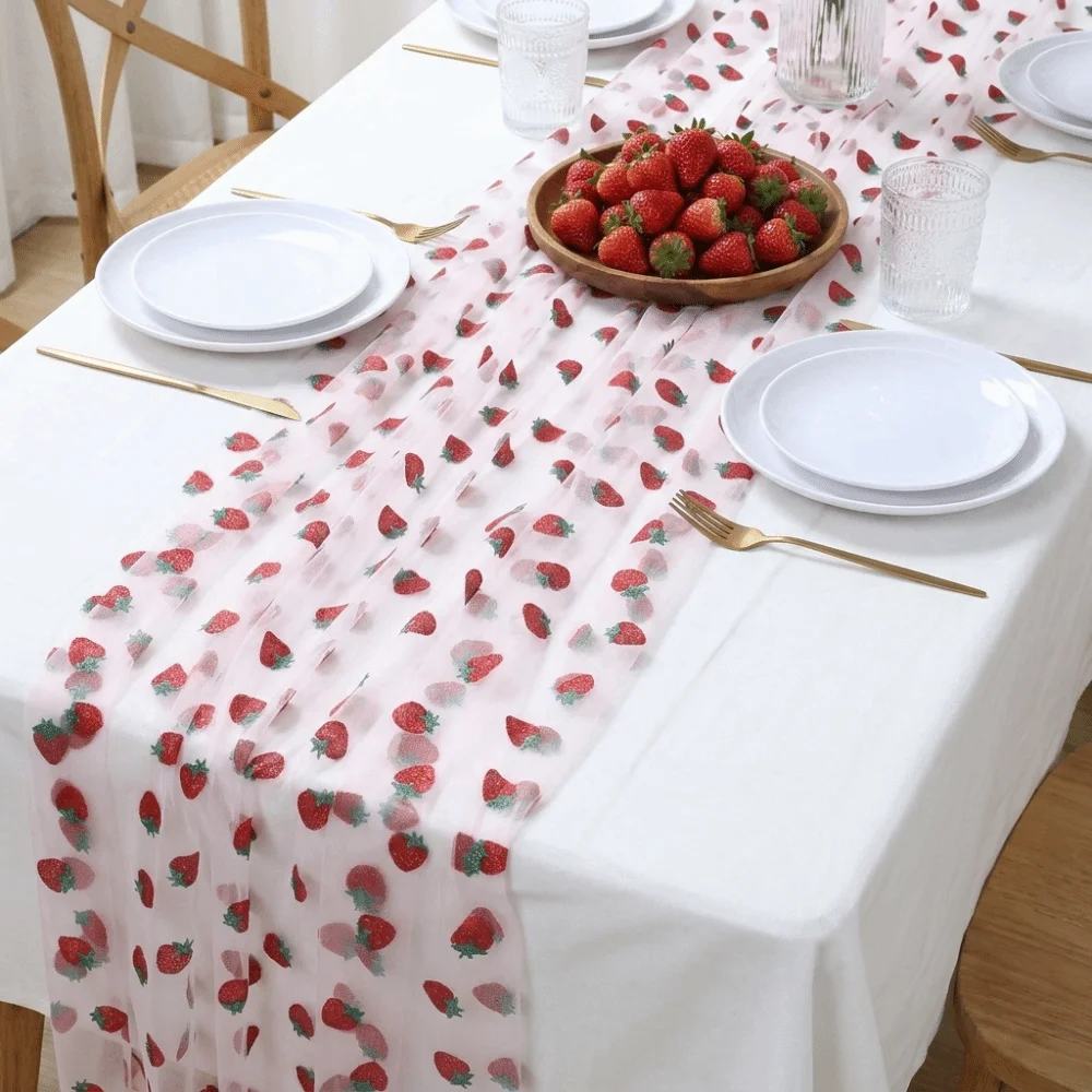 Tulle Fabric Strawberry Mesh Table Runner Sweet Glitter Princess Style Gauze Tablecloth Polyester Wedding Table Runner Party