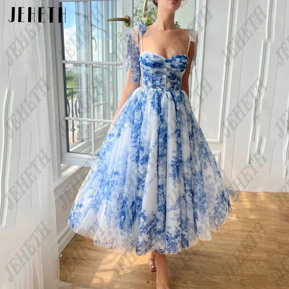 

JEHETH Floral Print Prom Dresses 2024 Sweetheart Spaghetti Straps A-Line Lace Up Party Gown Tulle Ankle Length Vestidos De Festa